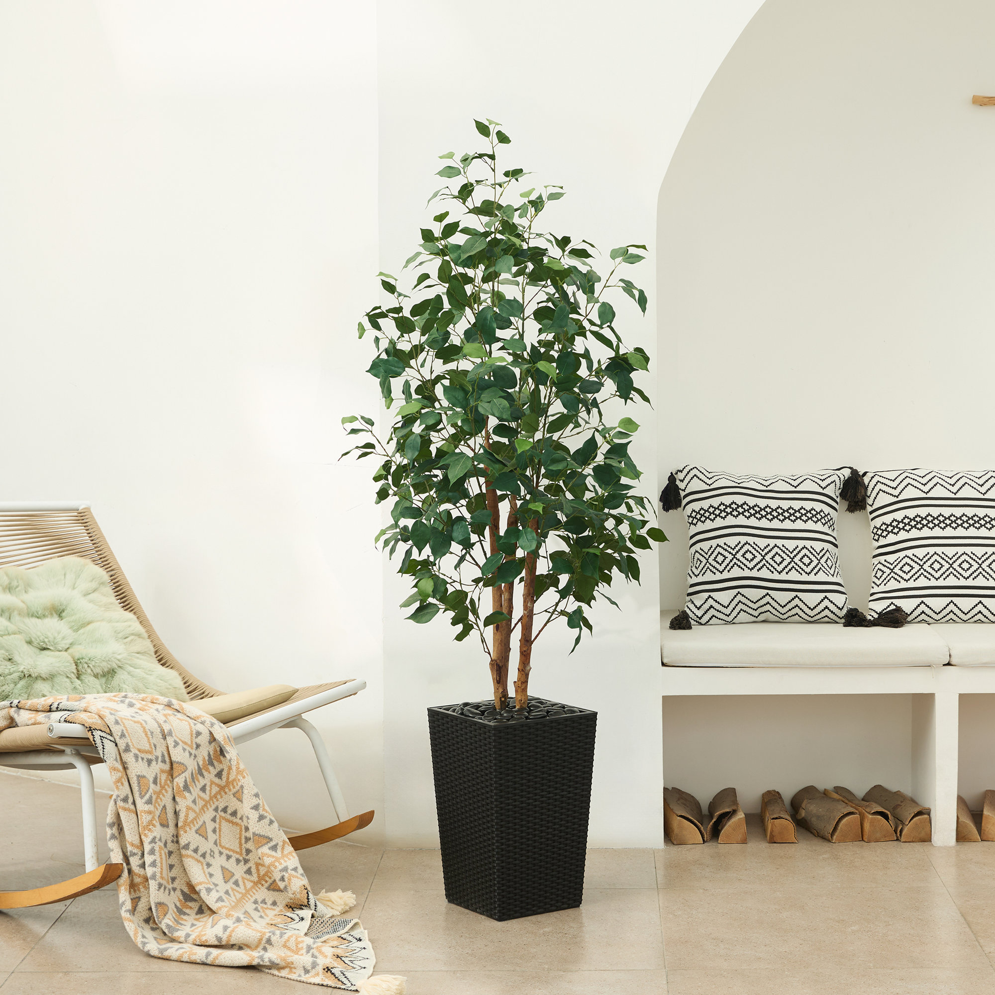 Almont UV Protected Artificial Ficus Tree with Decorative Base, Faux Ficus Plant with Natural Trunk, 60" H x 20" W x 20" D