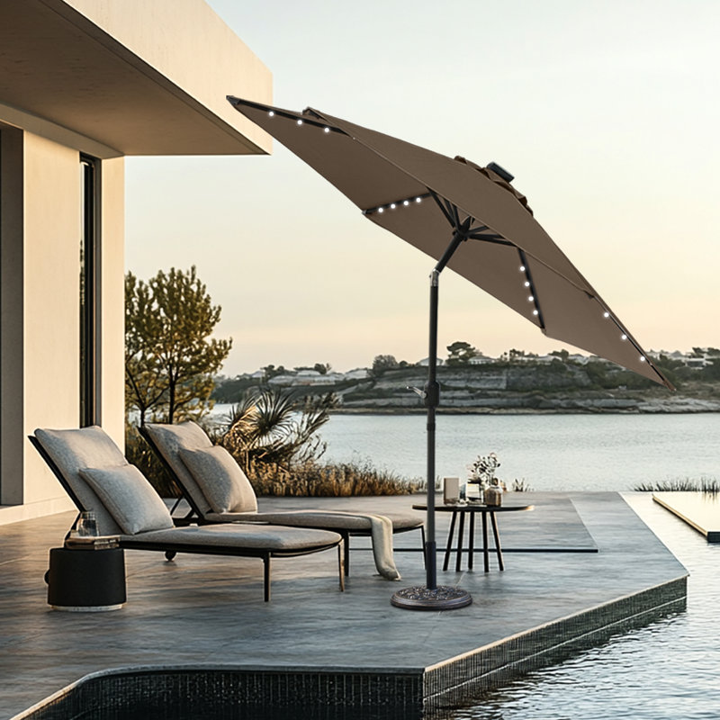 2.5M Outdoor Garden Patio Round Parasol Umbrella Solar LED Lights Crank Tilt with Base, Brown
