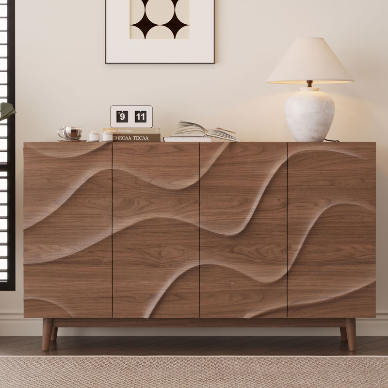 59" Mid-Century Modern Sideboard with Solid Wood Legs, Buffet Cabinet with Sculptural Walnut Wave Design,Full Assembly