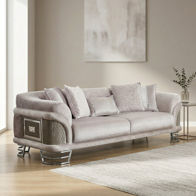 Canapé luxueux de luxe moderne avec accents métalliques et accoudoirs courbés, 95", Gris clair, Argent argent