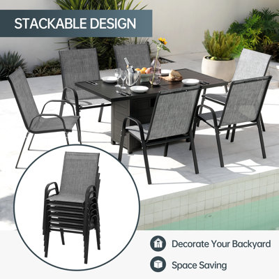7-Piece Outdoor Patio Dining Set, 2-In-1 Fire Pit Dining Table & 6 Stackable Chairs