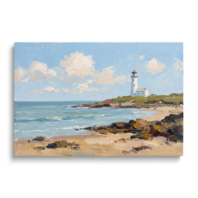 Multicolor Canvas Coastal Lighthouse Landscape Painting, Painterly Beach Wall Art for Living Room Dining Room and Bedroom