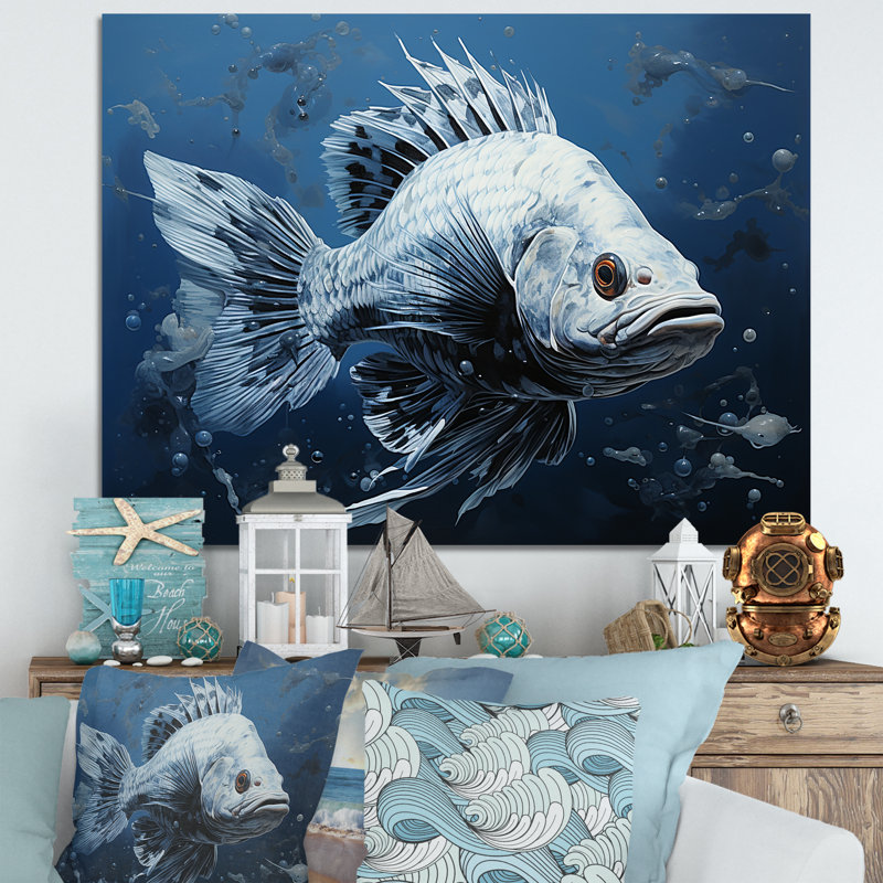 Poisson dans le bleu profond II - art mural poisson, H 30 po x l 40 po x P 1,5 po, Toile tendue