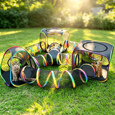 7-in-1 Pop-Up Cat Tent and Tunnel Set – 30+ Sq. Ft. Interconnected Play Area with Hexagon/Square/Triangle Tents, Curved & Straight Tunnels, Hanging Scratch Balls, Breathable Oxford Fabric, and Carry Bag for Indoor or Outdoor Use