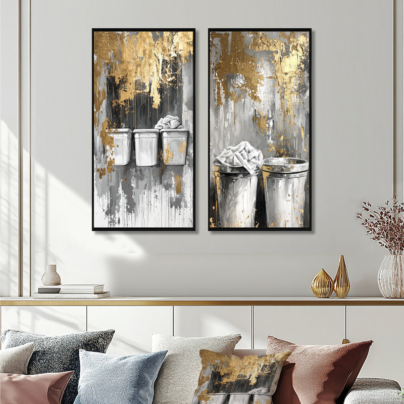 Ensemble de 2 pièces d'art mural gris et doré «Laundry Day Laundry I», H 32 po x l 32 po, Impression encadrée