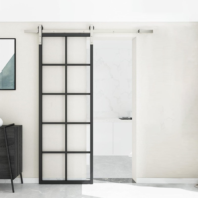 Jubest Sliding Glass Barn Door With Installation Hardware Kit, Clear Tempered Glass, 30" x 84"