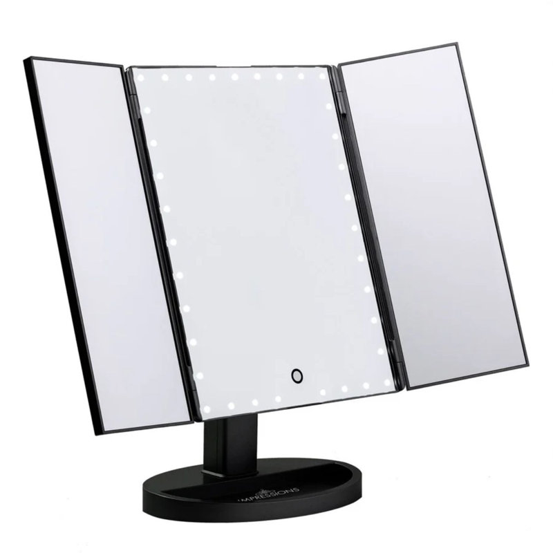 Touch Trifold XL Dimmable LED Makeup Mirror with Standing Base Vanity Dressing Mirror with USB Cable, Black