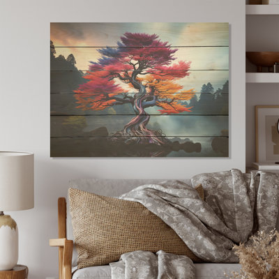 «Mystic Pink Trees In Amethyst Landscape I», art mural panneau de bois de séquoia sur bois de pin naturel