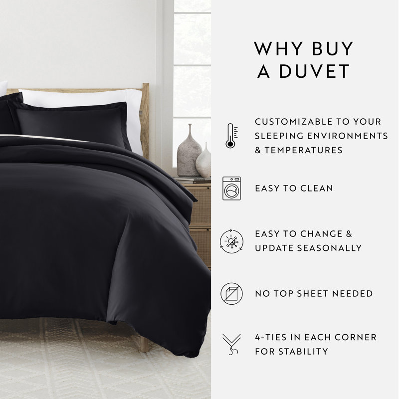 Super Soft Microfiber Duvet Cover Set, Black, Queen Duvet Cover + 2 Shams