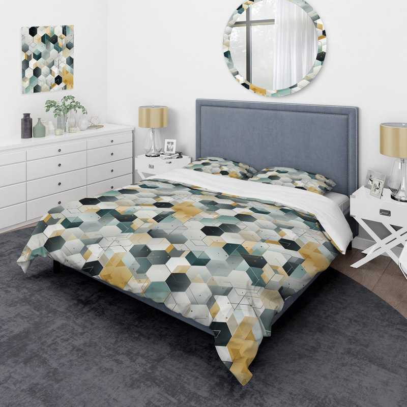 Grey Hexagons Dreams - Ensemble de housse de couette géométrique - Microfibre de polyester