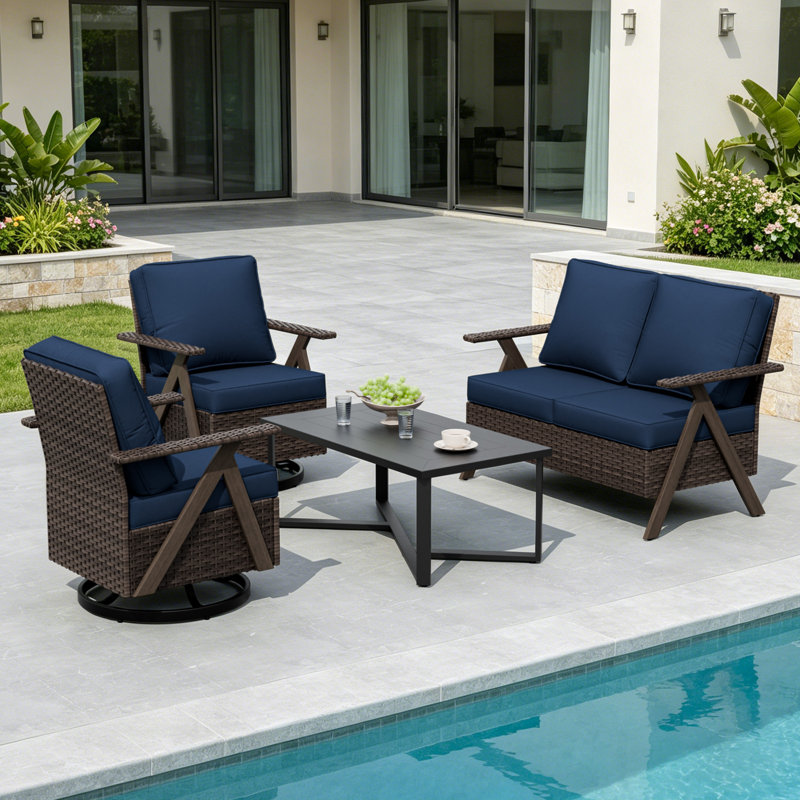 Ensemble modulaire de patio en osier 4 pièces avec méridienne pivotante et table basse, canapé pour l'extérieur, Bleu
