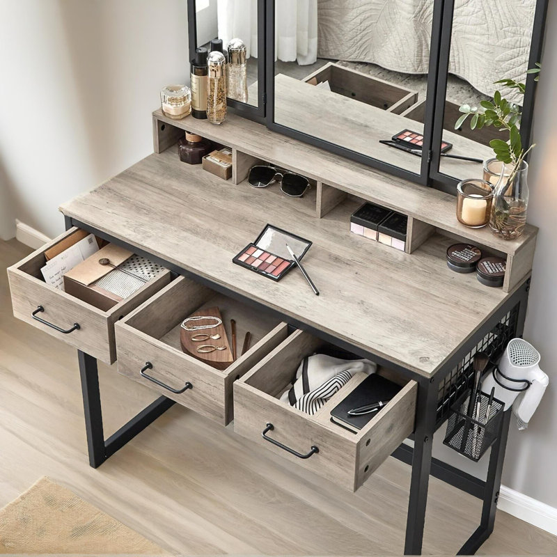 Sagar Dressing Table with Mirror And Stool Vanity Desk Bedroom Furniture, Grey