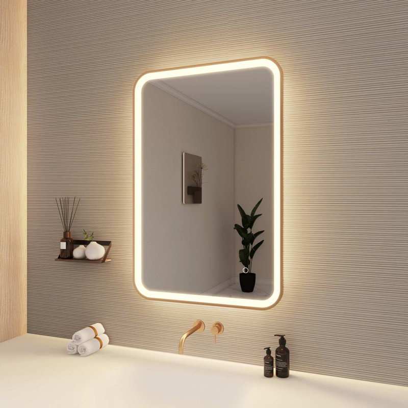 36 Inch Rectangle LED Front and Backlit Wall Mirror in Satin Gold, Satin Gold, 36" x 24"