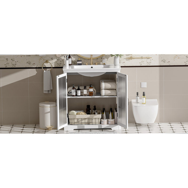 Meuble-lavabo moderne avec lavabo en céramique, verre trempé flou et rangement intelligent, idéal pour rehausser la fonctionnalité et le style de la salle de bain