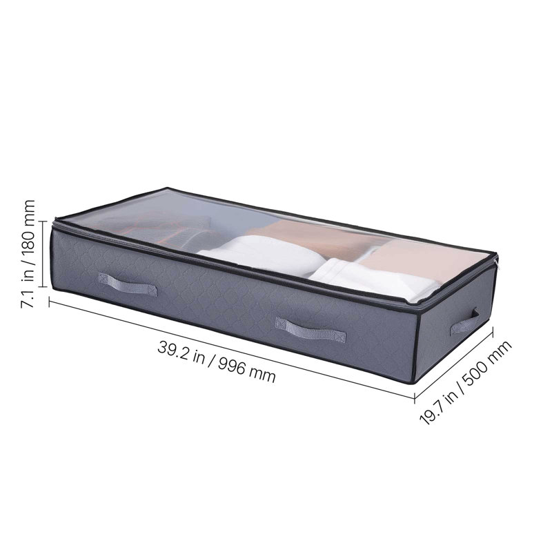 Lot de 2 boîtes de rangement empilables de 90 litres à placer sous le lit, avec couvercle transparent, pour livres, vêtements et plus encore. Tissu non tissé inodore, pliable et peu encombrante. Panneau transparent, gris foncé, profondeur 27,2 cm, largeur 25,5 cm.