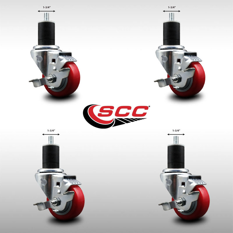 Ensemble de roulettes extensibles en polyuréthane rotatif à tige pivotante en acier inoxydable de 3 po et 1 3/4 po SCC, Rouge