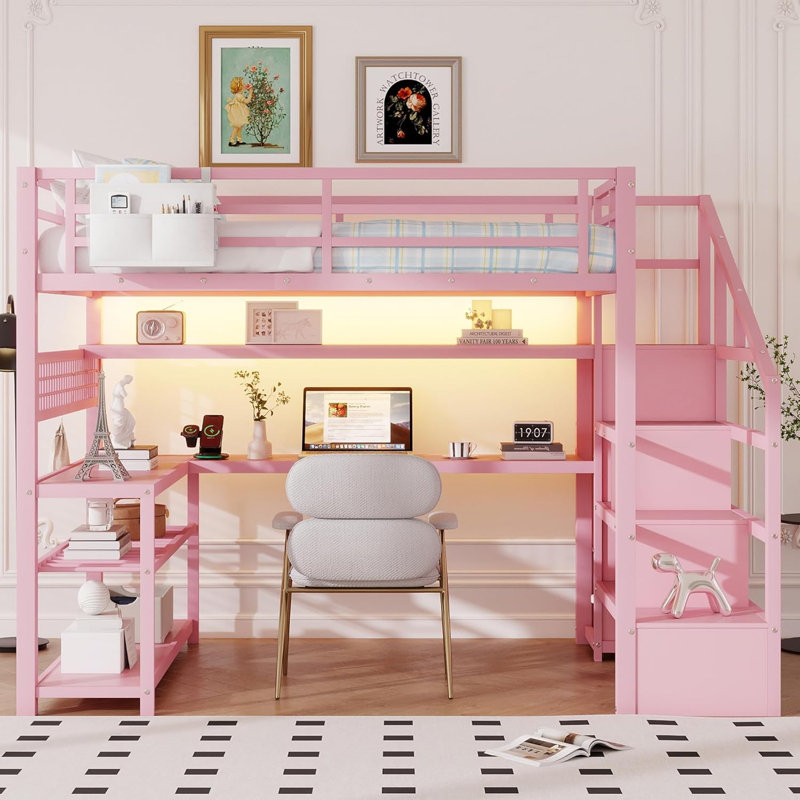 Full Size Loft Bed with Desk & Stairs, Metal Loft Bed Frame with Storage Shelf, Charging Station & LED Light, Gaming Loft Beds with Wardrobe, for Kids Teens Adults, Pink