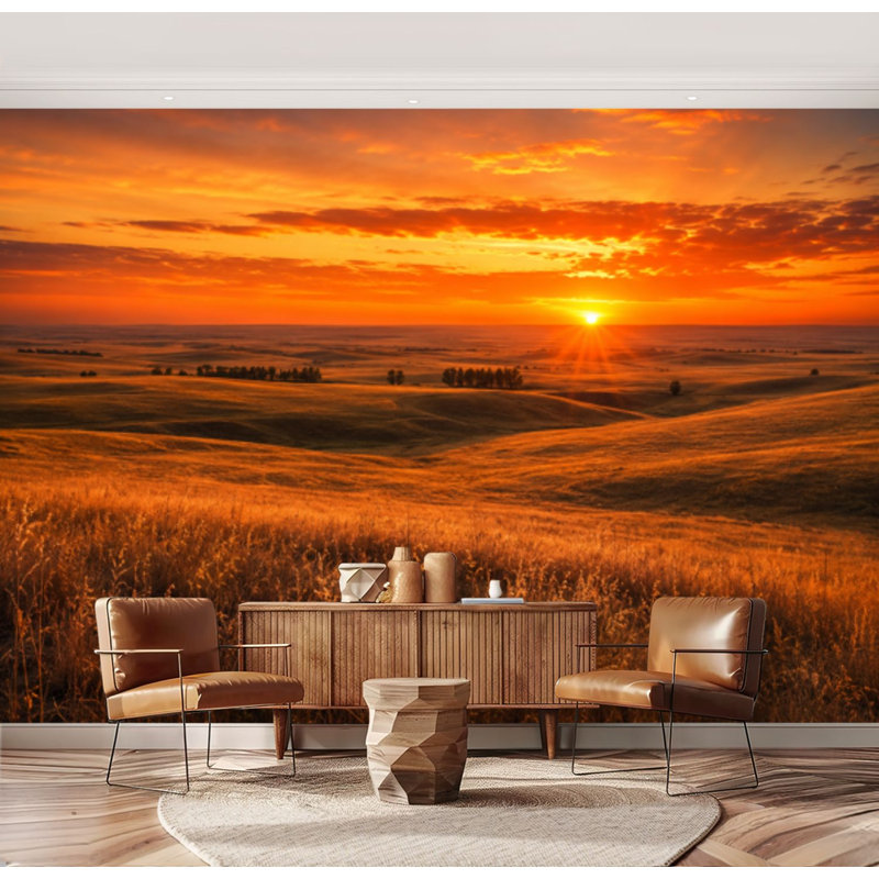Papier peint adhésif autocollant orange brillant coucher de soleil Kansas Hills, 69"H x 96"W