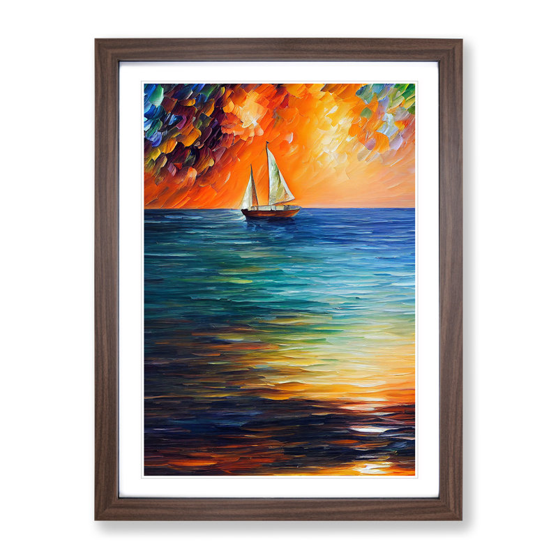 Boat At Sunset No.1 - Painting, 66cm H x 48cm W x 2cm D, Walnut Framed, White