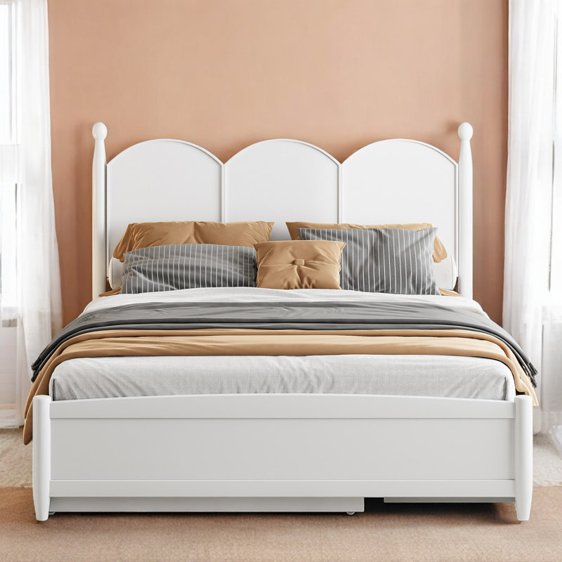 Grand lit plateforme avec 2 grands tiroirs, lit gigogne simple TG, Blanc