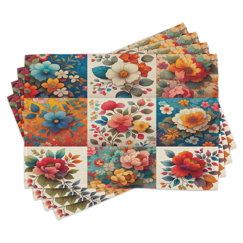 Ensemble de 4 napperons multicolores à motif floral orange et turquoise foncé Ambesonne