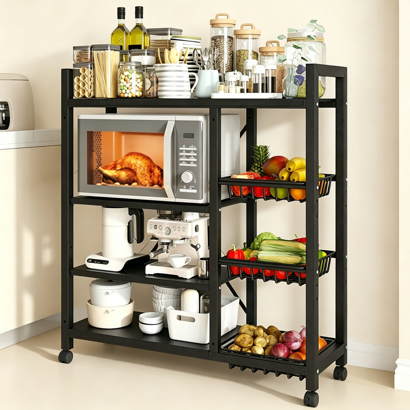 Heavy Duty 4-Tier Metal Kitchen Shelving Unit, Rolling Storage Trolley with Removable Fruit Vegetable Basket, Freestanding Kitchen Organiser Mobile Utility Rack with Universal Wheels