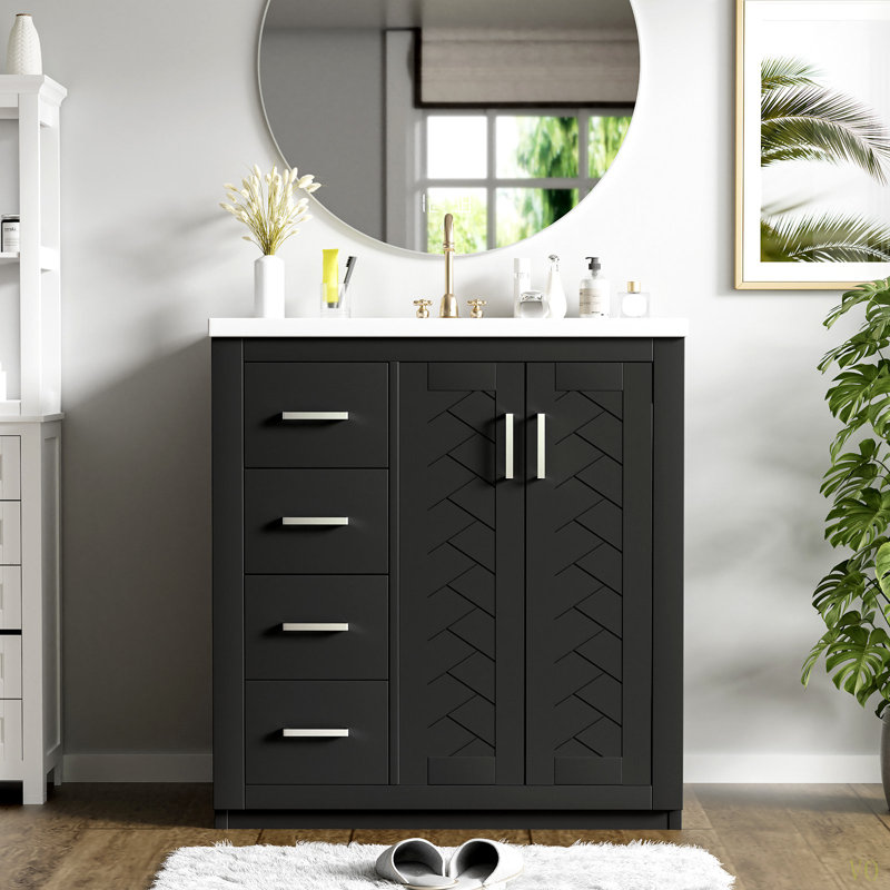 Ensemble de meuble-lavabo 30 po avec lavabo en céramique, armoire de rangement en bois massif, ensemble de meuble-lavabo autoportant avec 3 tiroirs et portes à fermeture douce