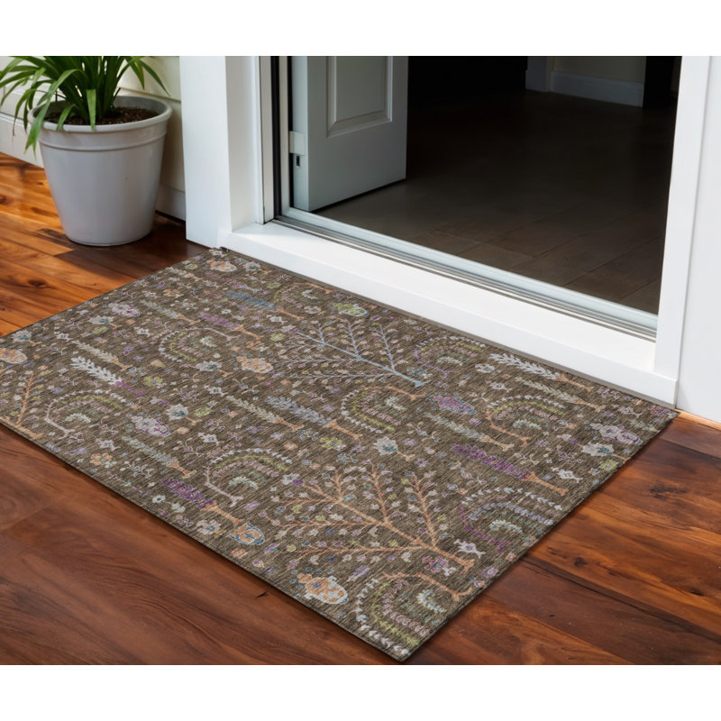3' X 5' Brown Purple And Blue Floral Washable Indoor Outdoor Area Rug