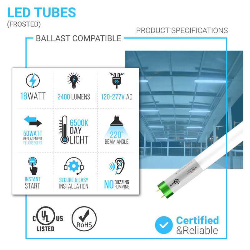 18 watts (équivalent à 50 watts), ampoule à DEL T8 non-à intensité variable, culot G13/à deux broches, 6 500 K