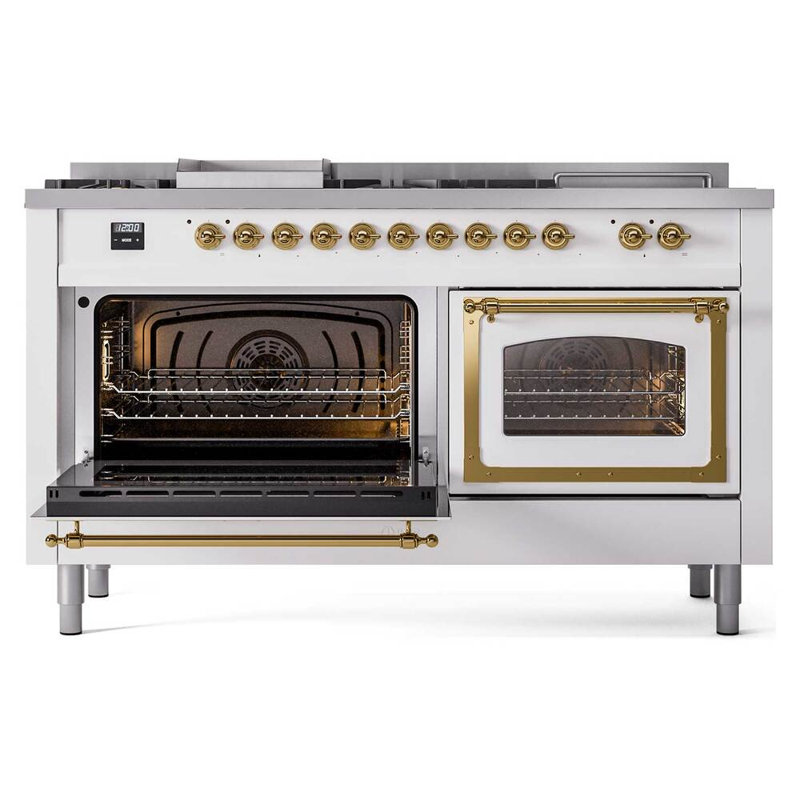 ILVE Nostalgie II Noblesse 60 inch Dual Fuel Range  (7 Sealed Burners + Griddle + French Top, Triple Glass Door, RAL), Brass