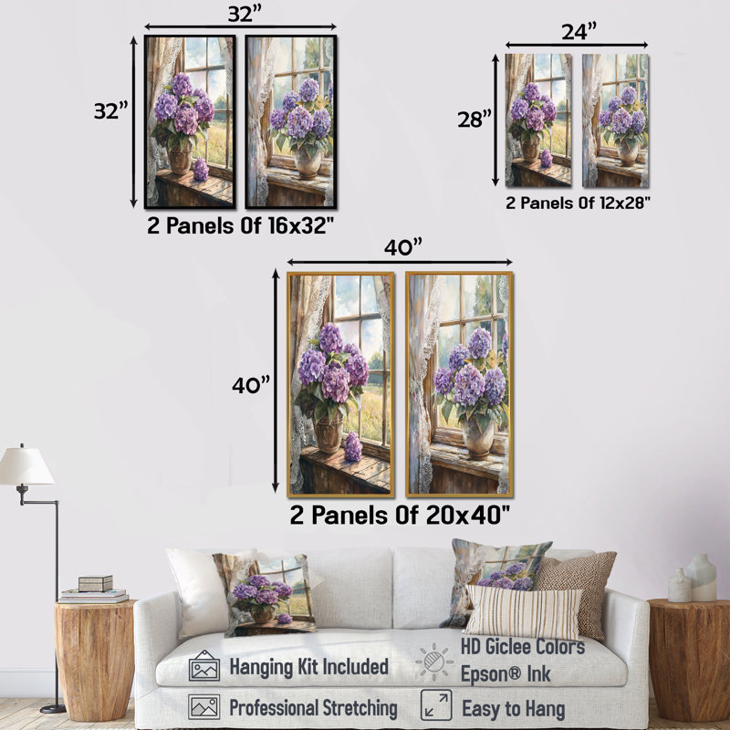 Hydrangeas par la ferme fenêtre I - impressions sur toile florales 2 panneaux, Cadre flottant doré, H 28 po x l 25 po