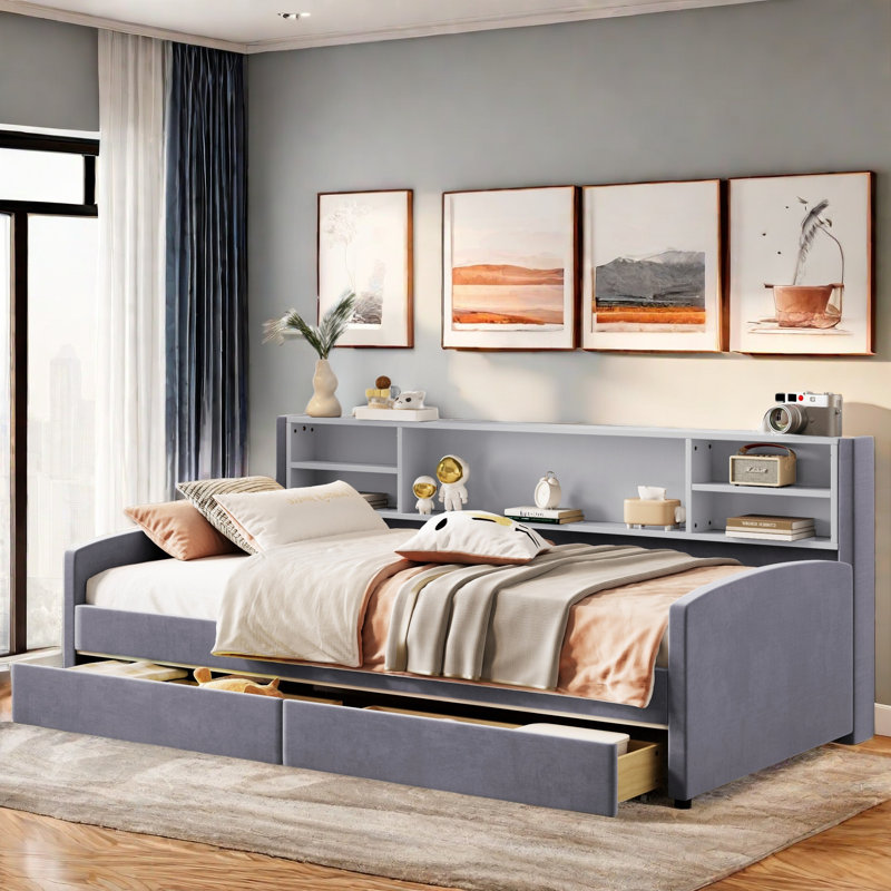 Brayle Daybed With Storage Shelves And 2 Drawers, Gray