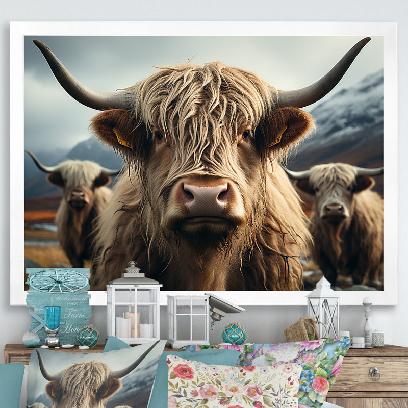 Majestic Highlands Yaks sur toile, Cadre simple blanc, H 34 po x l 44 po x P 1,5 po