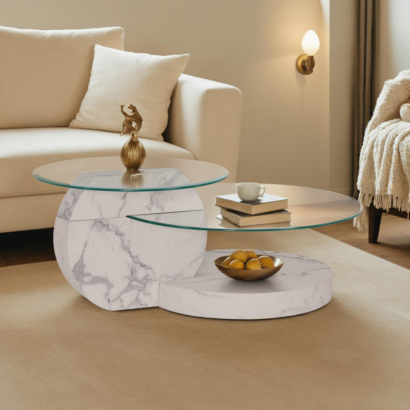 Modern Round Nesting Coffee Table with Diamond-Cut Edges Glass Top, White Marble