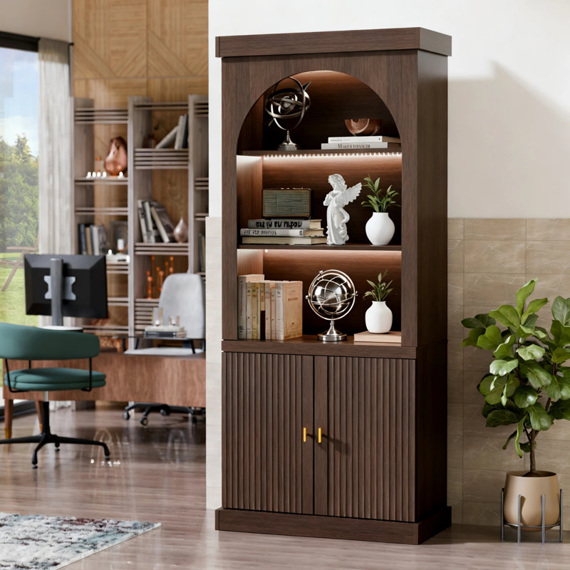 Armoire de rangement en bois avec design arqué, vitrine avec éclairage DEL, grande capacité et surface imperméable
