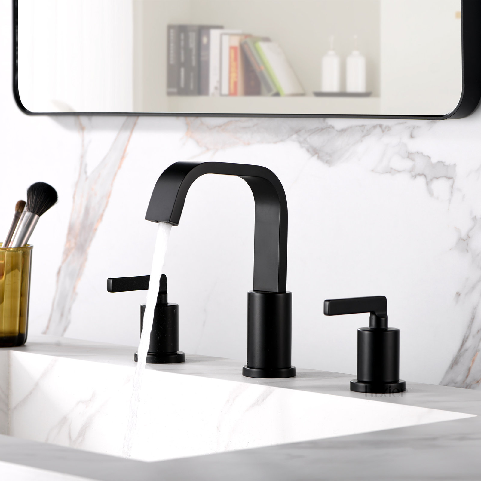 Widespread Bathroom Faucet with Drain Assembly, Matte Black