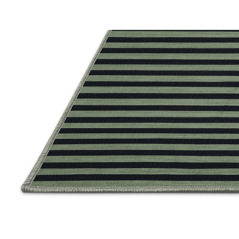 Machine Washable Horizontal Stripes Green Area Rug, Rectangle 7' x 10'