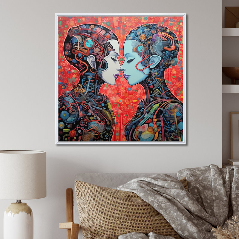 Charmant Robots célébrant l'amour rétro - reproduction sur toile, H 24 po x l 24 po x P 1 po, Cadre flottant blanc