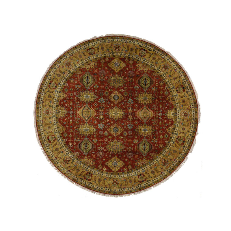 10'x10' Red Hand Knotted Karajeh Design Pure Wool Round Rug 9D3D4A8C7D9B4EB9B8528DA3B611A22B