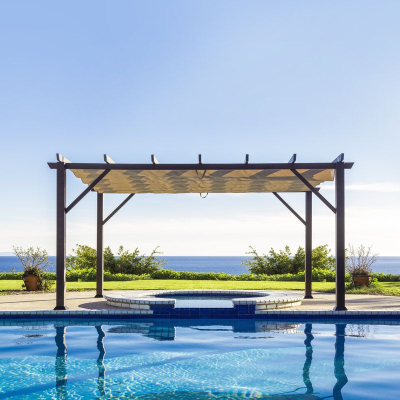 Modena Wood Grain Aluminum Pergola in Espresso with Mocha Canopy, 16 ft. W x 12 ft. D