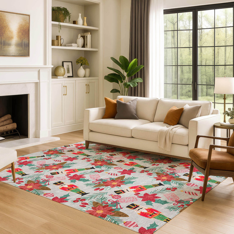 Tapis casse-noisette et poinsettia Premium lavable à la machine AMF1822, Rectangle 5 pi x 7 pi 6 po