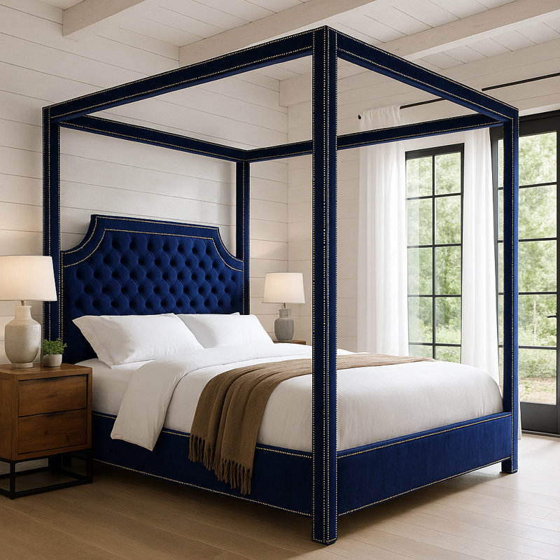 Emet Upholstered Canopy Bed, King, Navy Velvet