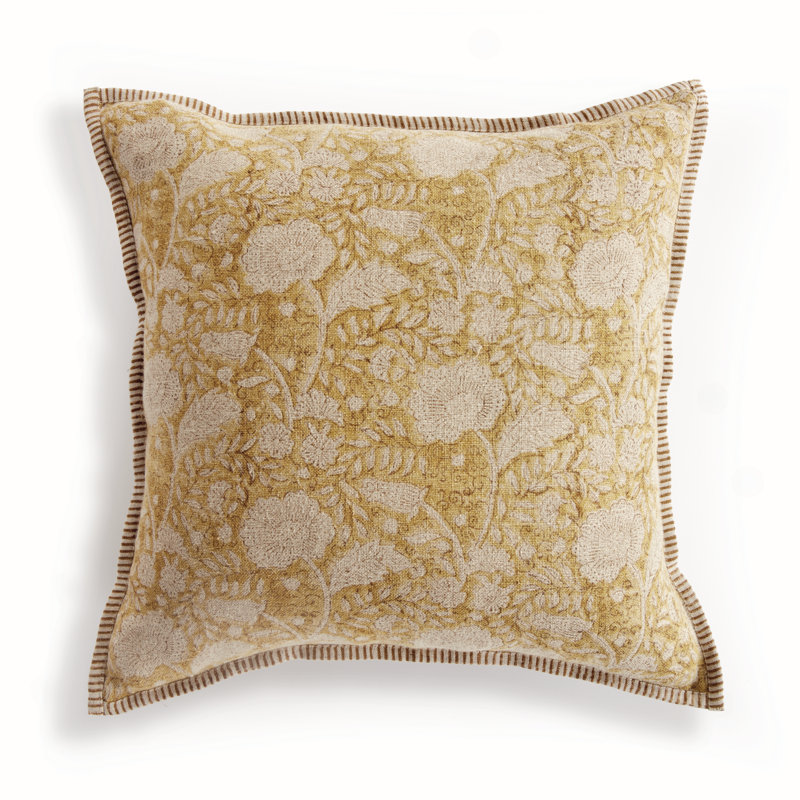 Jules European Flax Fiber Pillow Cover & Insert, Rectangle 14" H x 20" W, Piped Edge, Yellow/Floral