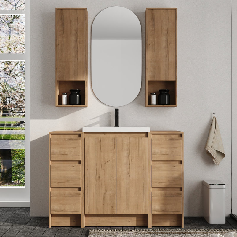 Ensemble de meuble-lavabo simple autoportant 48 po avec plateau de meuble-lavabo en résine Vowar et 12 po de rangement mural pour salle de bain