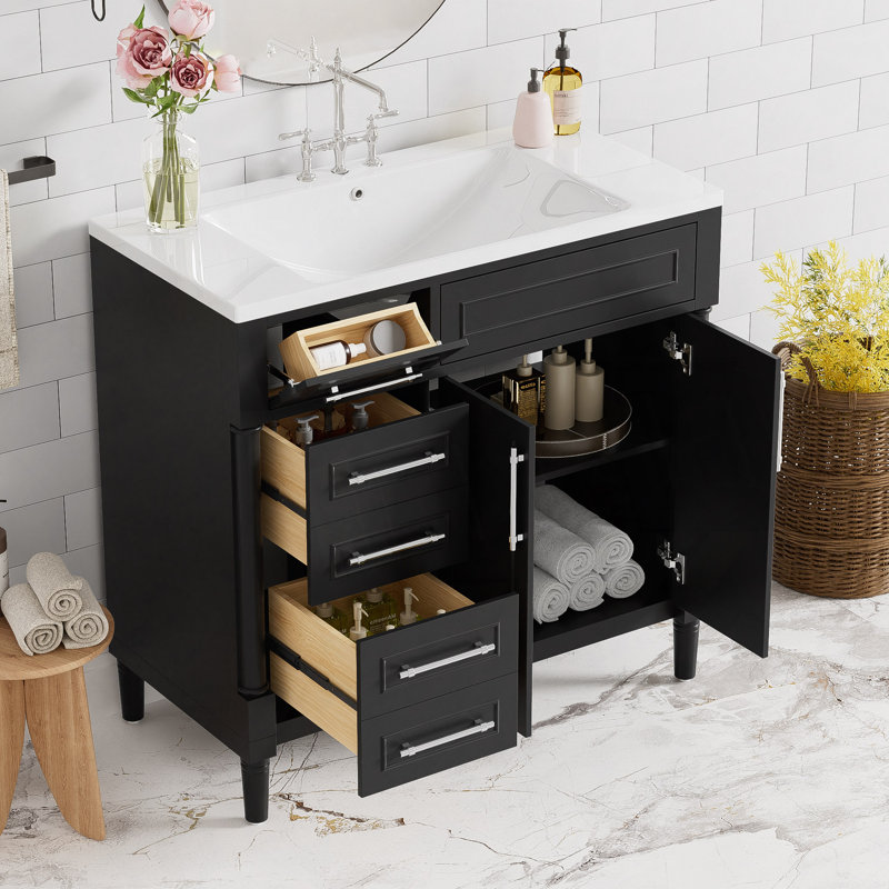 Meuble-lavabo de salle de bain avec lavabo en résine supérieur, armoire de rangement autoportante avec 2 tiroirs et un tiroir basculant, ensemble de meuble-lavabo avec cadre en bois massif, tablette à hauteur réglable