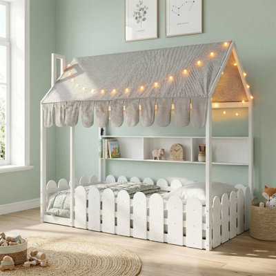 Lit à plancher en bois, auvent de maison à profil bas, bois, 3 tablettes de rangement, minimaliste contemporain, chambre à coucher