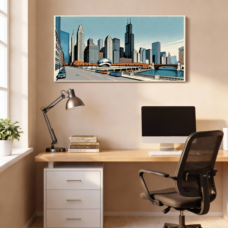 Paysage urbain de Chicago, impression sur toile tendue sur toile, paysage urbain avec barrière de nuage et scène de rivière pour le salon ou le bureau