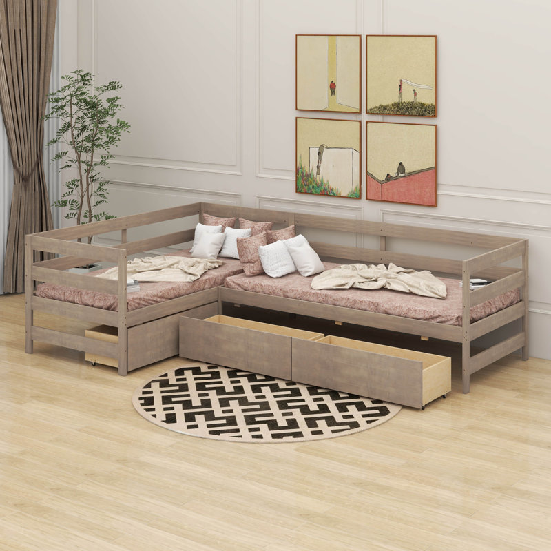 Lit plateforme simple en L avec tiroirs, Naturel