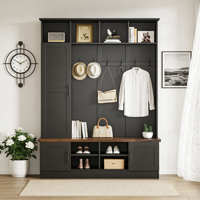 Versatile 3-In-1 Hall Tree With 6 Hooks, Farmhouse Walnut Storage Bench, 55"W Entryway Coat Rack With Multiple Storage Space For Mudroom, Hallway