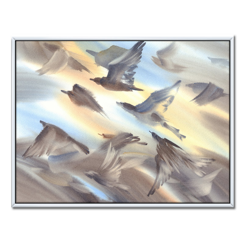 Vol d'oiseaux volant sur fond pastel, H 12 po x l 20 po x p 1 po, Toile blanche encadrée